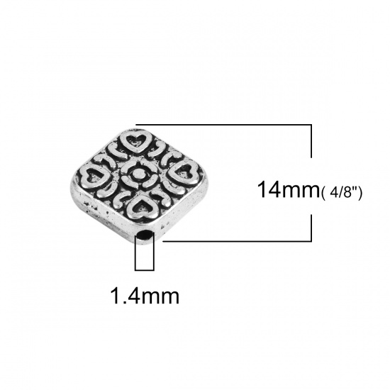 Picture of Zinc Based Alloy Spacer Beads Rhombus Antique Silver Color Heart 14mm x 14mm, Hole: Approx 1.4mm, 30 PCs