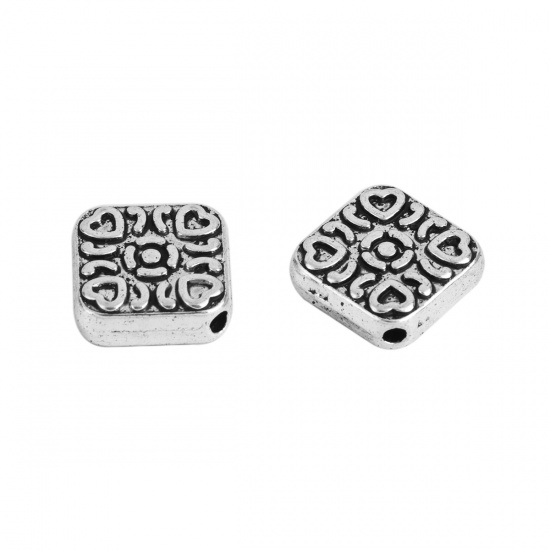 Picture of Zinc Based Alloy Spacer Beads Rhombus Antique Silver Color Heart 14mm x 14mm, Hole: Approx 1.4mm, 30 PCs