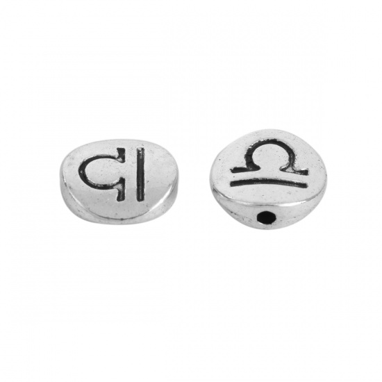 Picture of Zinc Based Alloy Spacer Beads Round Antique Silver Color Libra Sign Of Zodiac Constellations About 10mm Dia, Hole: Approx 1.5mm, 50 PCs