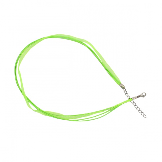 Picture of Organza Ribbon & Wax Cord String Necklace Neon Green 45cm(17 6/8") long, 5 PCs