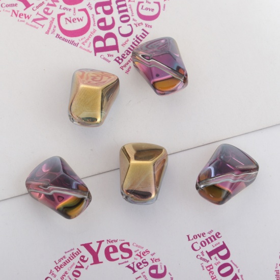 Picture of Glass AB Rainbow Color Aurora Borealis Beads Polygon Golden & Fuchsia Two Tone About 16mm x 10mm, Hole: Approx 1.2mm, 20 PCs