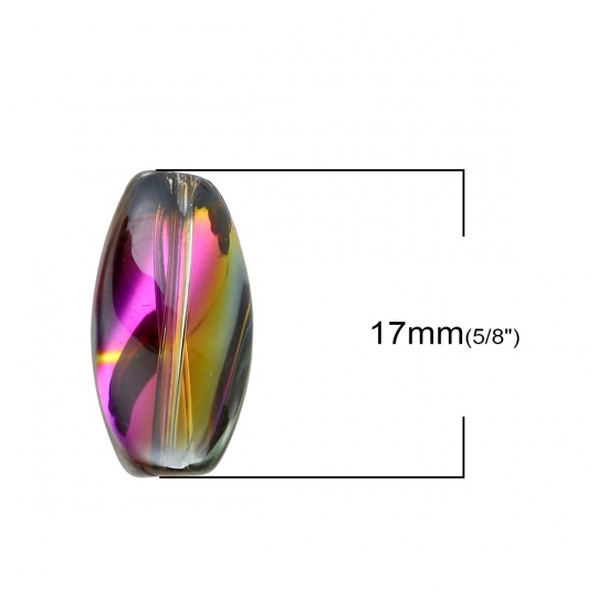 Picture of Glass AB Rainbow Color Aurora Borealis Beads Twist Gunmetal & Fuchsia Two Tone Oval Pattern About 17mm x 9mm, Hole: Approx 1.1mm, 20 PCs