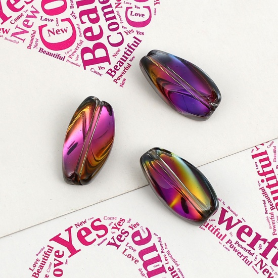 Picture of Glass AB Rainbow Color Aurora Borealis Beads Twist Gunmetal & Fuchsia Two Tone Oval Pattern About 17mm x 9mm, Hole: Approx 1.1mm, 20 PCs