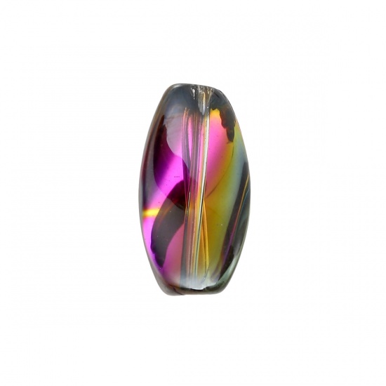 Picture of Glass AB Rainbow Color Aurora Borealis Beads Twist Gunmetal & Fuchsia Two Tone Oval Pattern About 17mm x 9mm, Hole: Approx 1.1mm, 20 PCs