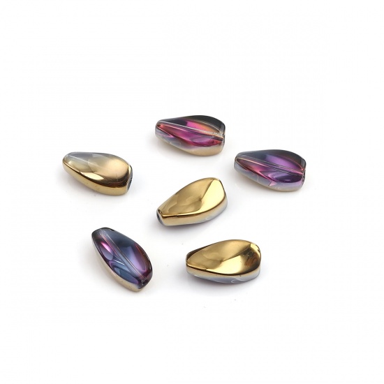 Picture of Glass AB Rainbow Color Aurora Borealis Beads Twist Golden & Fuchsia Two Tone Oval Pattern About 17mm x 9mm, Hole: Approx 1.1mm, 20 PCs