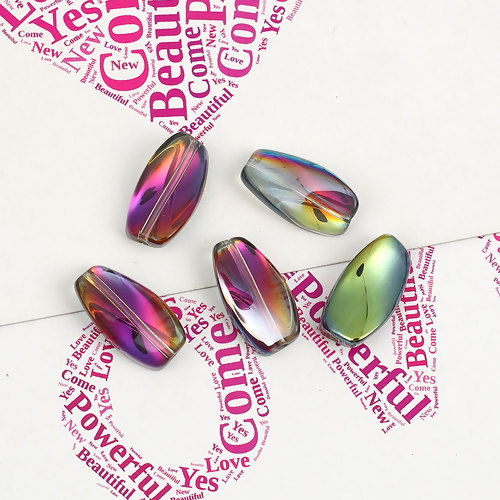 Picture of Glass AB Rainbow Color Aurora Borealis Beads Twist Fuchsia & Green Two Tone Oval Pattern About 17mm x 9mm, Hole: Approx 1.1mm, 20 PCs