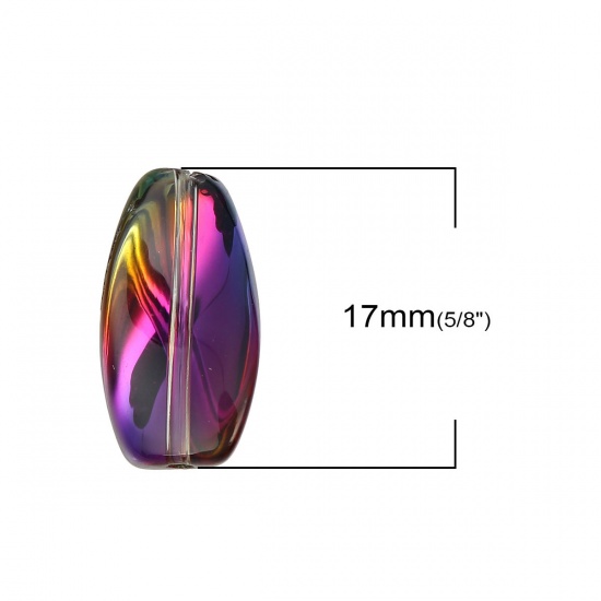 Picture of Glass AB Rainbow Color Aurora Borealis Beads Twist Fuchsia & Green Two Tone Oval Pattern About 17mm x 9mm, Hole: Approx 1.1mm, 20 PCs