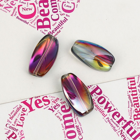 Picture of Glass AB Rainbow Color Aurora Borealis Beads Twist Fuchsia & Green Two Tone Oval Pattern About 17mm x 9mm, Hole: Approx 1.1mm, 20 PCs