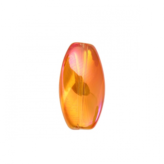 Picture of Glass AB Rainbow Color Aurora Borealis Beads Twist Fushia & Orange Two Tone Oval Pattern Transparent About 17mm x 9mm, Hole: Approx 1.1mm, 20 PCs