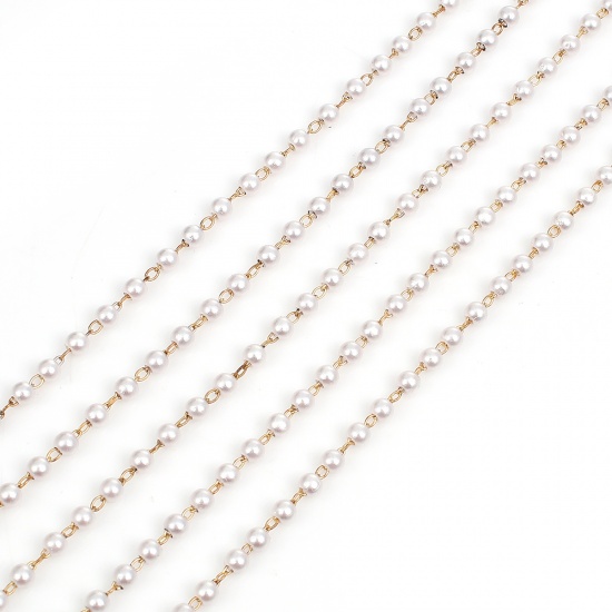 Picture of Brass Acrylic Imitation Pearl Link Chain Findings Round Brass Color White 4mm, 1 M                                                                                                                                                                            