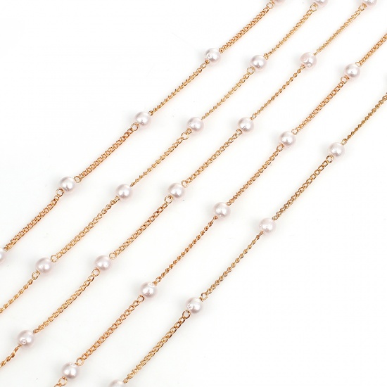 Picture of Brass Link Chain Findings Gold Plated White Round Acrylic Imitation Pearl 4mm( 1/8"), 1 M                                                                                                                                                                     