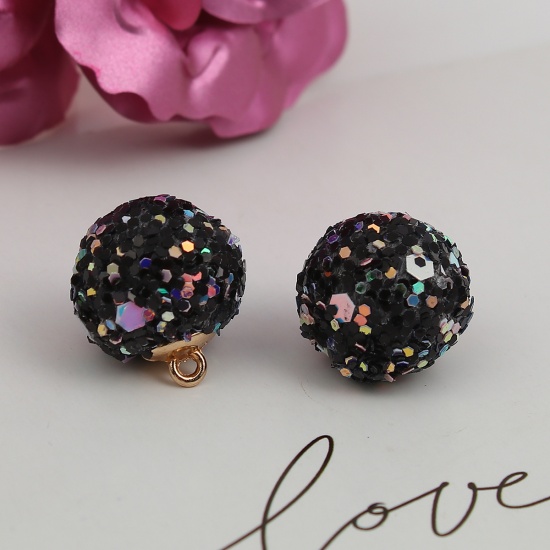Picture of Zinc Based Alloy Charms Ball Gold Plated Black AB Color Sequins 19mm( 6/8") x 17mm( 5/8"), 5 PCs