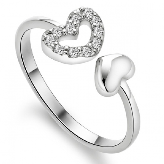 Picture of Brass Open Adjustable Rings Silver Tone Heart Clear Rhinestone 17.3mm( 5/8")(US Size 7), 1 Piece                                                                                                                                                              