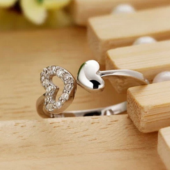 Picture of Brass Open Adjustable Rings Silver Tone Heart Clear Rhinestone 17.3mm( 5/8")(US Size 7), 1 Piece                                                                                                                                                              