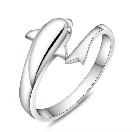 Picture of Brass Open Adjustable Rings Silver Tone Dolphin Animal 16.5mm( 5/8")(US Size 6), 1 Piece                                                                                                                                                                      