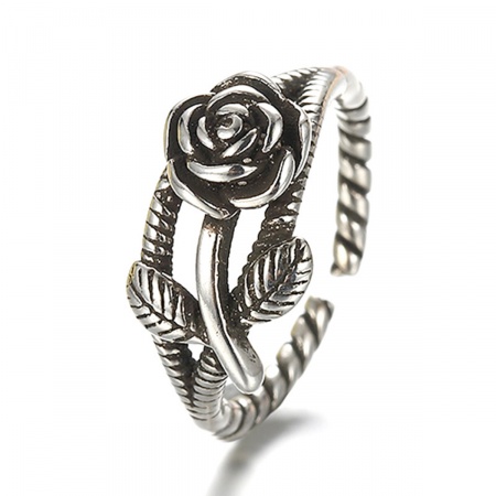 Picture of Brass Cable Twisted Open Adjustable Rings Antique Silver Color Rose Flower 15.9mm( 5/8")(US size 5.25), 1 Piece