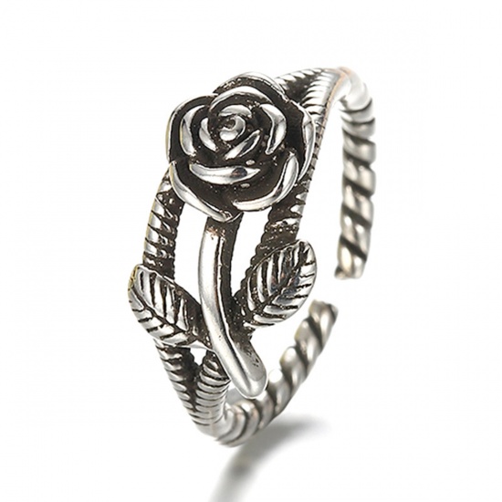 Picture of Brass Cable Twisted Open Adjustable Rings Antique Silver Color Rose Flower 15.9mm( 5/8")(US size 5.25), 1 Piece