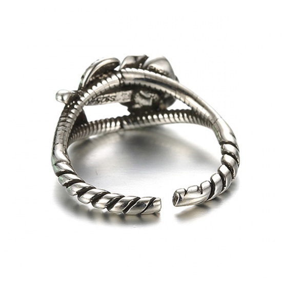 Picture of Brass Cable Twisted Open Adjustable Rings Antique Silver Color Rose Flower 15.9mm( 5/8")(US size 5.25), 1 Piece
