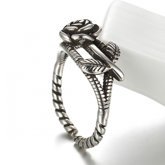 Picture of Brass Cable Twisted Open Adjustable Rings Antique Silver Color Rose Flower 15.9mm( 5/8")(US size 5.25), 1 Piece