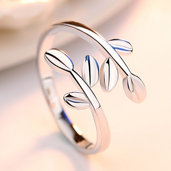 Picture of Brass Open Adjustable Rings Silver Tone Leaf 16.9mm( 5/8")(US Size 6.5), 1 Piece                                                                                                                                                                              