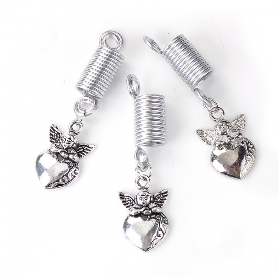Image de Perles de Tressage Cheveux Dreadlocks en Alliage de Zinc Forme Ange Argent Antique 58mm x 16mm, 10 Pcs