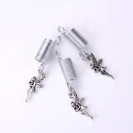 Picture of Zinc Based Alloy Hair Coil Dreadlocks Braiding Beads Fairy Antique Silver (Can Hold ss7 Pointed Back Rhinestone) 58mm x 12mm, 10 PCs