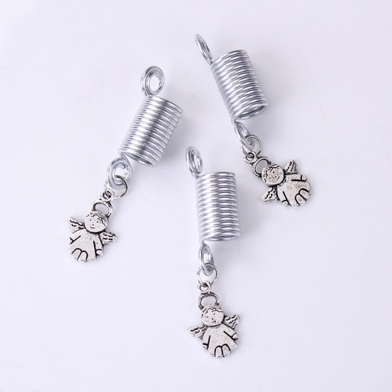 Image de Perles de Tressage Cheveux Dreadlocks en Alliage de Zinc Forme Ange Argent Antique 52mm x 13mm, 10 Pcs