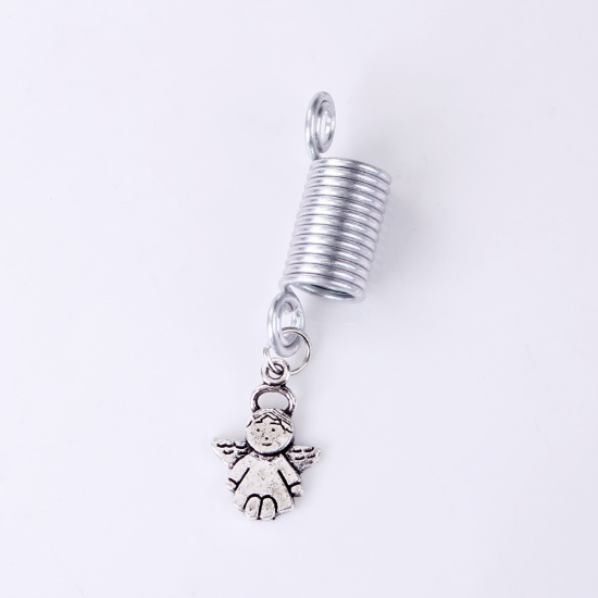 Image de Perles de Tressage Cheveux Dreadlocks en Alliage de Zinc Forme Ange Argent Antique 52mm x 13mm, 10 Pcs