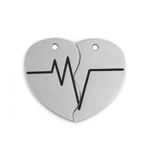 Picture of 201 Stainless Steel Pendants Broken Heart Silver Tone Black Heartbeat/ Electrocardiogram 3cm x1.9cm(1 1/8" x 6/8") 3cm x1.8cm(1 1/8" x 6/8"), 1 Set (2 PCs/Set)