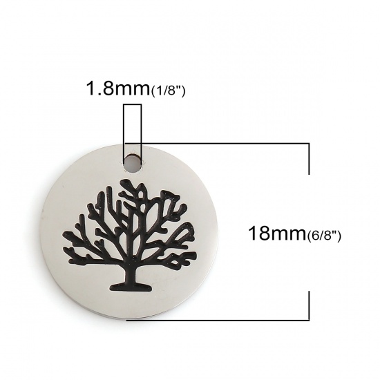 Imagen de 201 Acero Inoxidable Colgantes Charms Ronda Tono de Plata Negro Árbol 18mm Diámetro, 3 Unidades