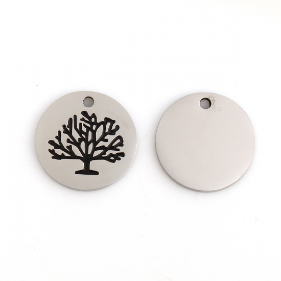 Imagen de 201 Acero Inoxidable Colgantes Charms Ronda Tono de Plata Negro Árbol 18mm Diámetro, 3 Unidades
