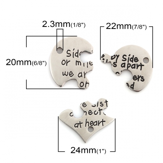 Picture of 201 Stainless Steel Charms Jigsaw Silver Tone Black Message 24mm x17mm(1" x 5/8") 22mm x20mm( 7/8" x 6/8") 20mm x17mm( 6/8" x 5/8"), 1 Set (3 PCs/Set)