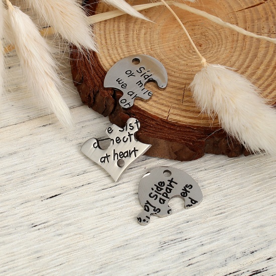 Picture of 201 Stainless Steel Charms Jigsaw Silver Tone Black Message 24mm x17mm(1" x 5/8") 22mm x20mm( 7/8" x 6/8") 20mm x17mm( 6/8" x 5/8"), 1 Set (3 PCs/Set)