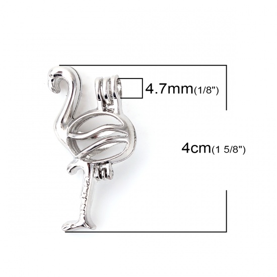 Immagine di Lega di Zinco Medaglione di Perla Puntale Gioielli Ciondoli Fenicottero Tono Argento Possibile Aprire (la Dimensione delle Adatto Perla: 8mm) 40mm x 20mm, 2 Pz
