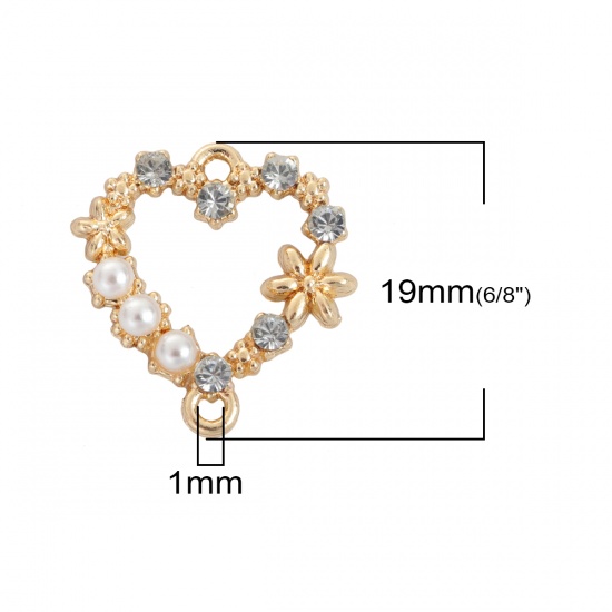 Picture of Zinc Based Alloy Connectors Heart Gold Plated Flower Imitation Pearl Clear Rhinestone 19mm x 18mm, 10 PCs