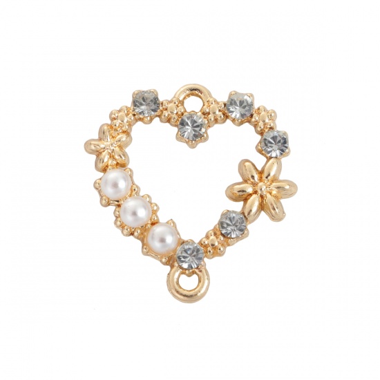 Picture of Zinc Based Alloy Connectors Heart Gold Plated Flower Imitation Pearl Clear Rhinestone 19mm x 18mm, 10 PCs