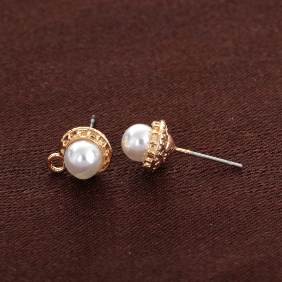 Picture of Zinc Based Alloy & Acrylic Ear Post Stud Earrings Findings Round Gold Plated White Imitation Pearl W/ Loop 11mm x 9mm, Post/ Wire Size: (21 gauge), 10 PCs