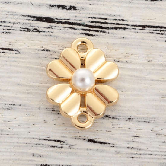 Picture of Zinc Based Alloy Connectors Four Leaf Clover Gold Plated White Imitation Pearl 16mm x 12mm, 10 PCs