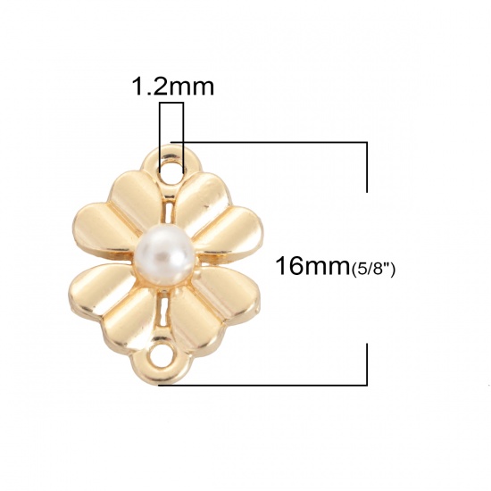 Picture of Zinc Based Alloy Connectors Four Leaf Clover Gold Plated White Imitation Pearl 16mm x 12mm, 10 PCs