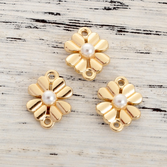 Picture of Zinc Based Alloy Connectors Four Leaf Clover Gold Plated White Imitation Pearl 16mm x 12mm, 10 PCs