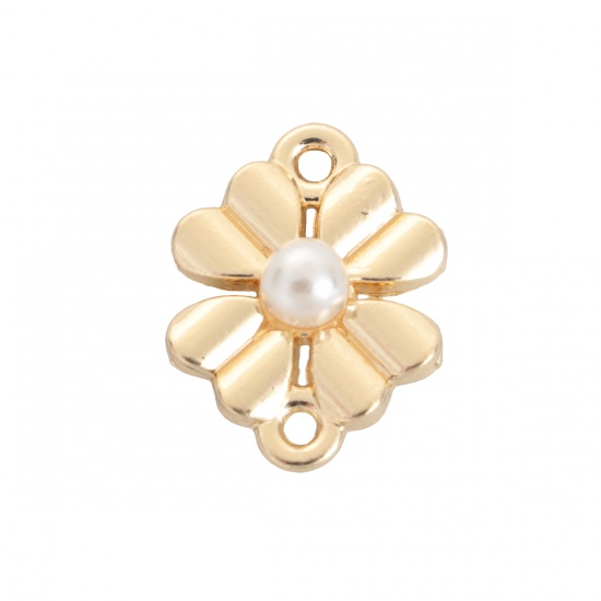 Picture of Zinc Based Alloy Connectors Four Leaf Clover Gold Plated White Imitation Pearl 16mm x 12mm, 10 PCs
