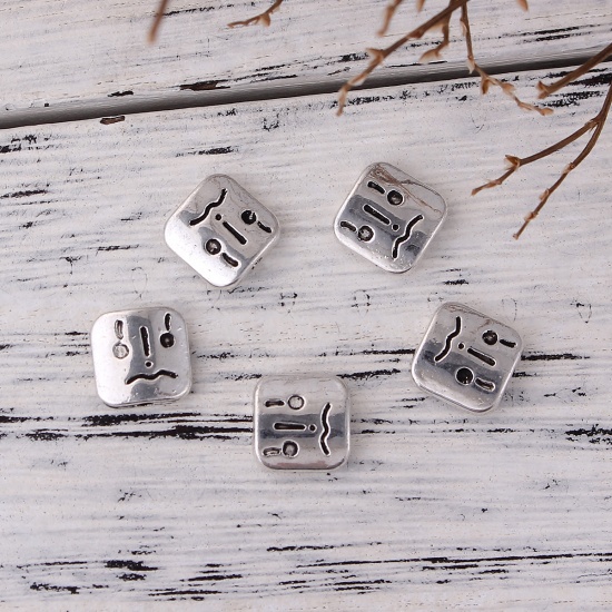 Picture of Zinc Based Alloy Spacer Beads Face Antique Silver Square 10mm x 10mm, Hole: Approx 1.4mm, 50 PCs