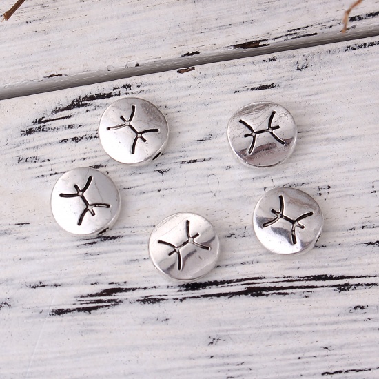 Picture of Zinc Based Alloy Spacer Beads Round Antique Silver Color Pisces Sign Of Zodiac Constellations About 10mm Dia, Hole: Approx 1.5mm, 50 PCs