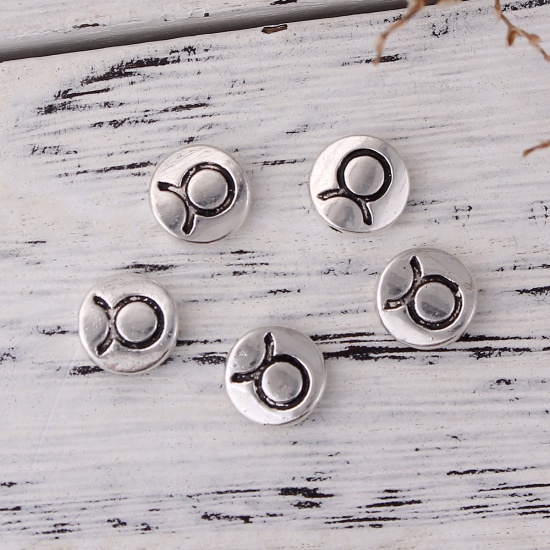 Picture of Zinc Based Alloy Spacer Beads Round Antique Silver Color Taurus Sign Of Zodiac Constellations About 10mm Dia, Hole: Approx 1.5mm, 50 PCs