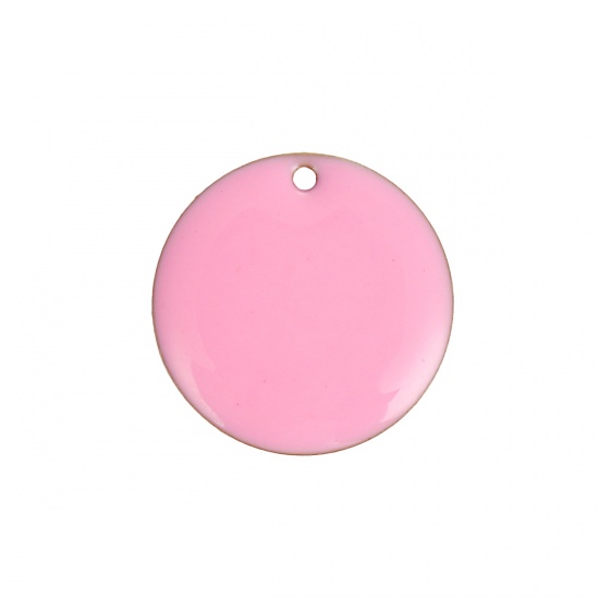 Picture of Brass Enamelled Sequins Charms Round Unplated Pink Enamel 20mm( 6/8") Dia, 5 PCs                                                                                                                                                                              