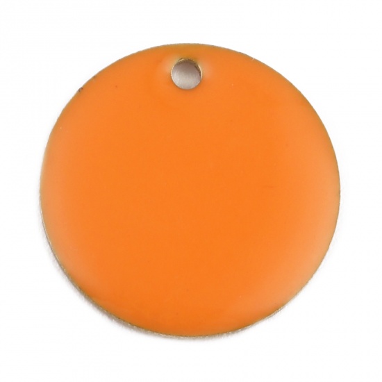 Picture of Brass Enamelled Sequins Charms Round Unplated Orange Enamel 20mm( 6/8") Dia, 5 PCs                                                                                                                                                                            