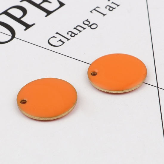 Picture of Brass Enamelled Sequins Charms Round Unplated Orange Enamel 20mm( 6/8") Dia, 5 PCs                                                                                                                                                                            