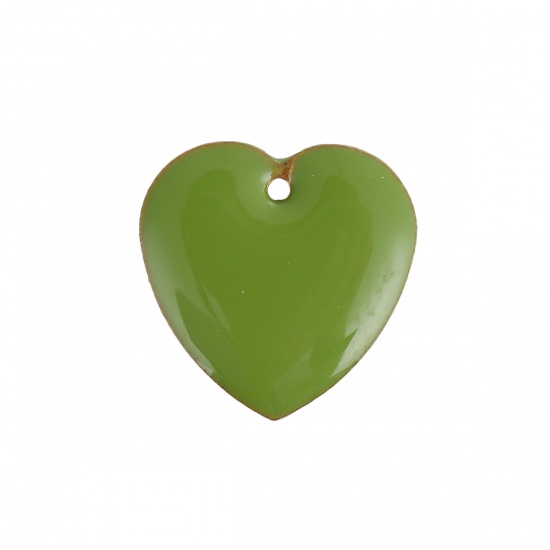 Picture of Brass Enamelled Sequins Charms Heart Unplated Green Enamel 16mm( 5/8") x 16mm( 5/8"), 10 PCs                                                                                                                                                                  