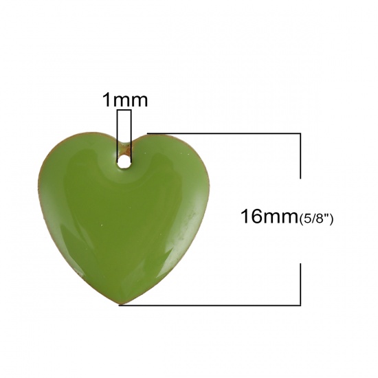 Picture of Brass Enamelled Sequins Charms Heart Unplated Green Enamel 16mm( 5/8") x 16mm( 5/8"), 10 PCs                                                                                                                                                                  