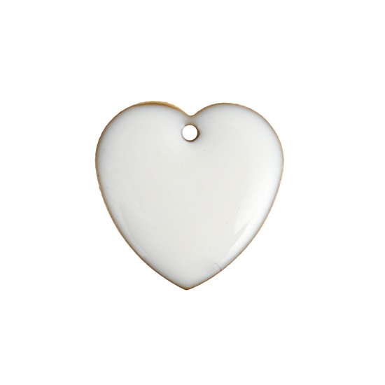 Picture of Brass Enamelled Sequins Charms Heart Unplated White Enamel 16mm( 5/8") x 16mm( 5/8"), 10 PCs                                                                                                                                                                  